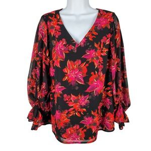 Floral Chiffon V-Neck Blouse Red Pink Gold Metallic Smocked Ruffle Cuff Womens